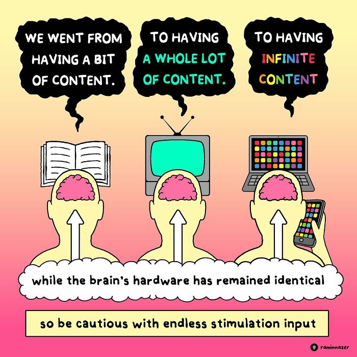 Vibrant illustration by Ramin Nazer showing evolution from limited to infinite content, with a caution on brain stimulation.