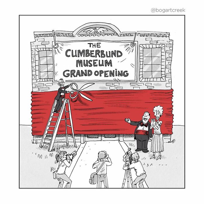 Hilarious one-panel comic by Derek Evernden showing a museum grand opening with photographers and a ribbon cutting.