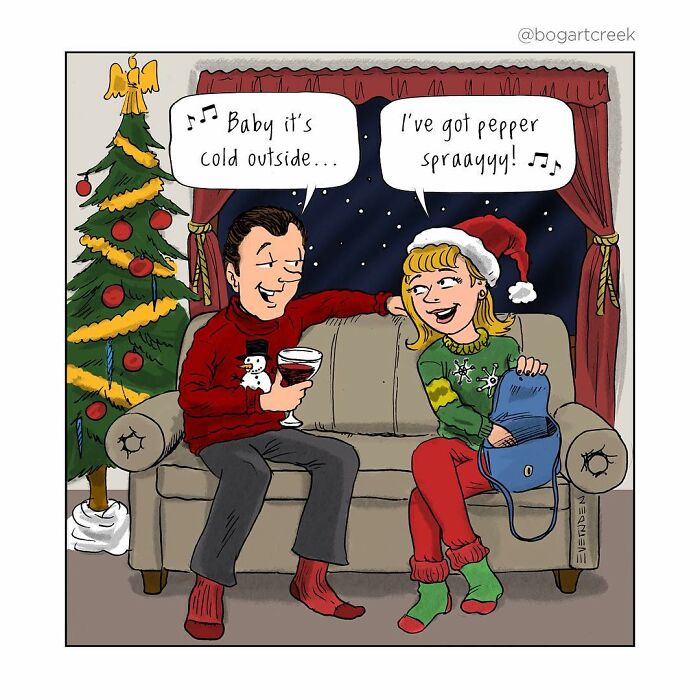 Hilarious one-panel comic by Derek Evernden featuring humorous winter dialogue between a couple on a couch.