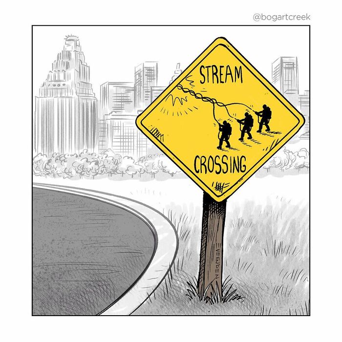 Yellow warning sign with people crossing a stream, city skyline in background, humorous one-panel comic by Derek Evernden.