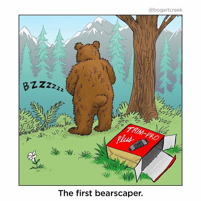 Comic by Derek Evernden: A bear stands in the forest with clippers nearby, humorously hinting at trimming its fur.