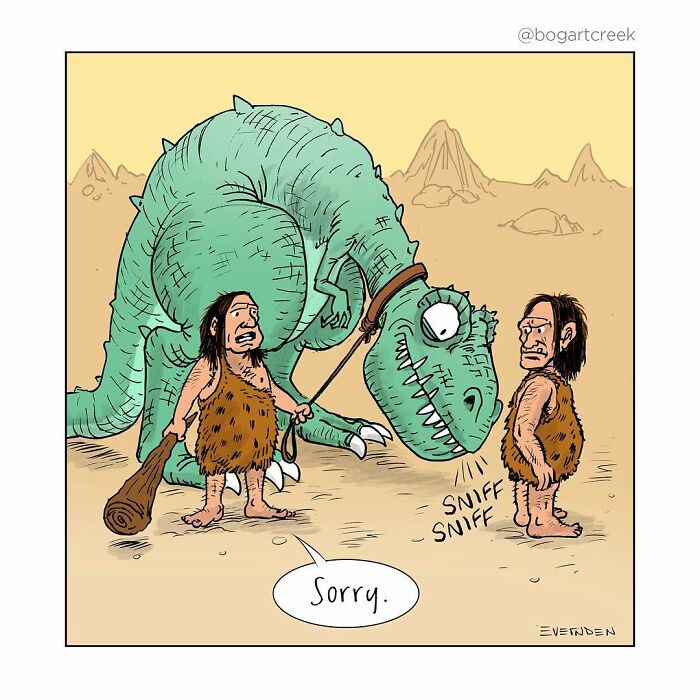 Two cavemen with a dinosaur, one holding a club, in a humorous one-panel comic by Derek Evernden.