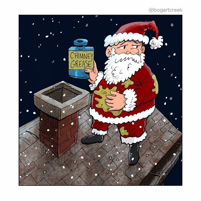 Santa on a snowy rooftop holding chimney grease, featured in Derek Evernden's darkly humorous one-panel comic.