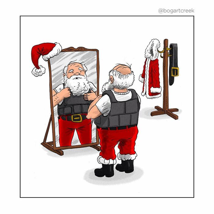 Santa adjusting his beard, wearing a tactical vest in front of a mirror; one-panel comic with darker undertones.