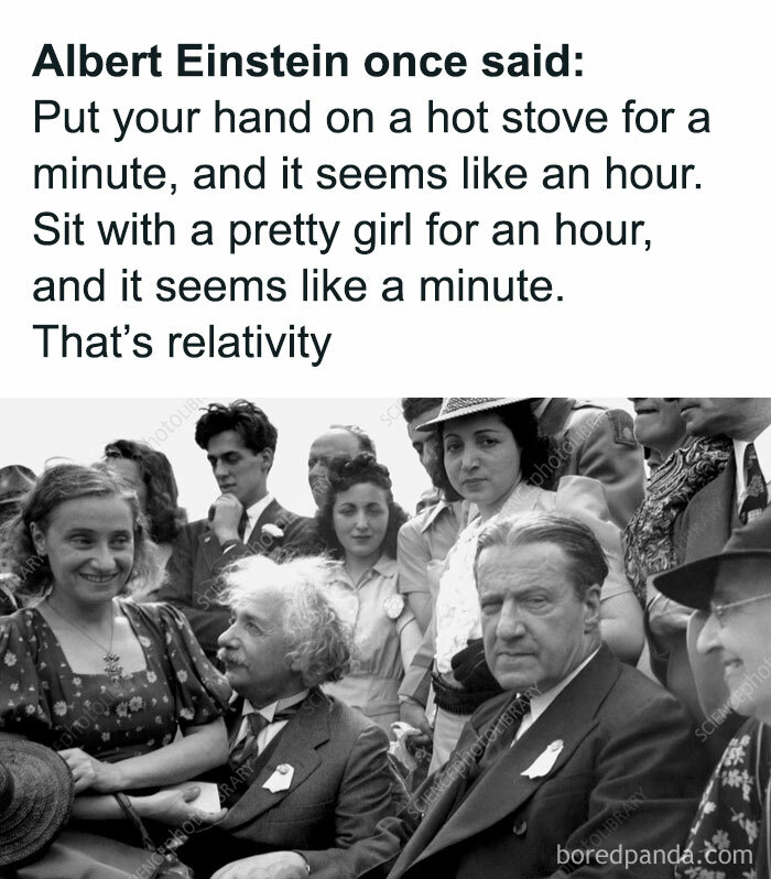 A group of people in vintage attire, including a notable scientist, illustrating a quote about relativity—an undiscovered fact.