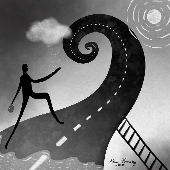 Artist illustration of a figure walking a surreal twisting road with a rain cloud and sun, inspired by Hurricane Helene.