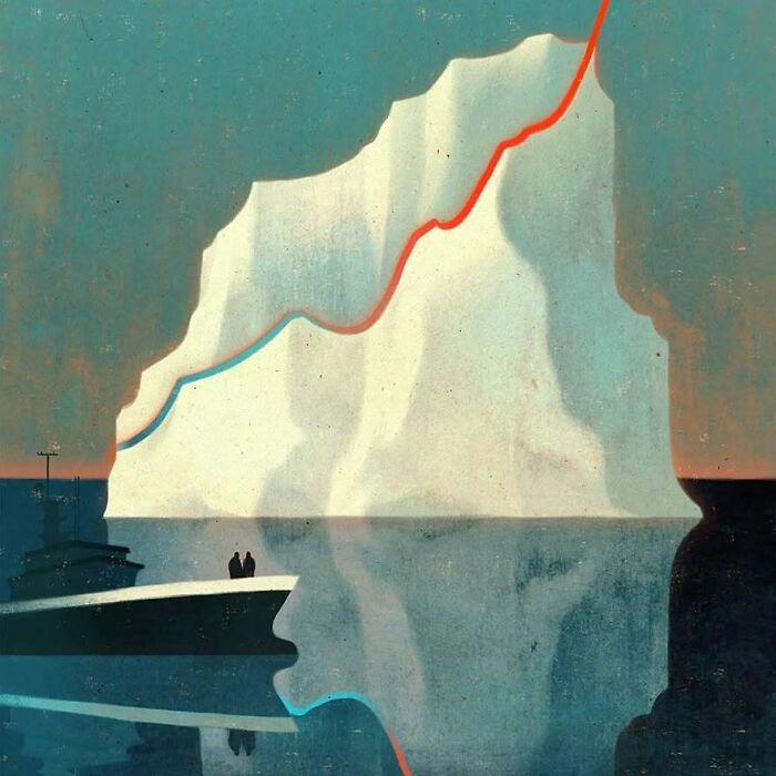 Boat near a large iceberg with red and blue lines in Owen Gent's illustration, merging beauty and melancholy.