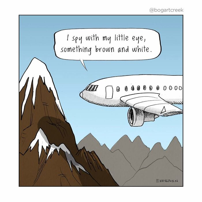 Plane flying beside a snowy mountain in a one-panel comic with dark humor by Derek Evernden.