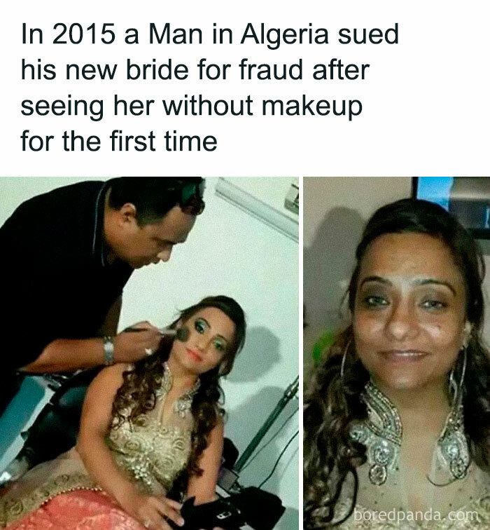 Woman getting makeup done; text reveals undiscovered fact about a lawsuit in Algeria related to makeup.