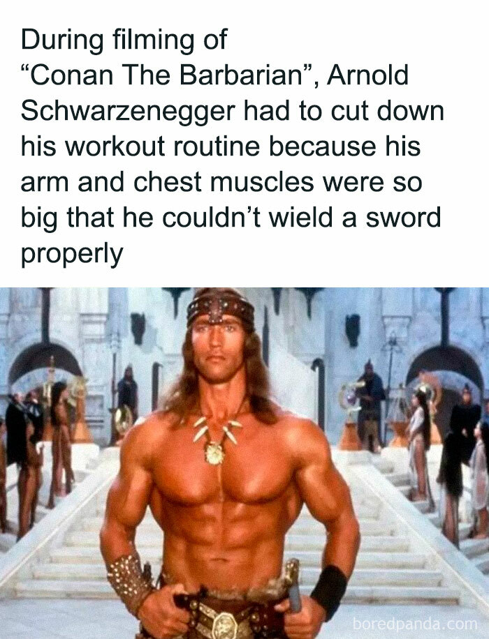 Arnold Schwarzenegger as Conan the Barbarian; an undiscovered fact about his workout adjustments during filming.