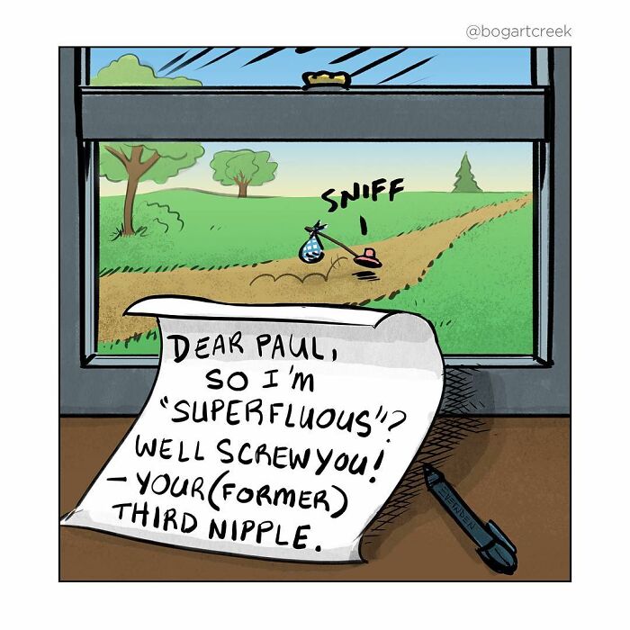 Comic by Derek Evernden showing a note from a third nipple that left, seen through a window on a path.