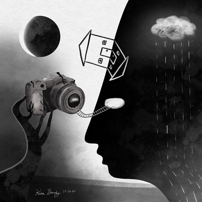 Abstract illustration by artist depicting a camera, face silhouette, and stormy cloud, inspired by Hurricane Helene.