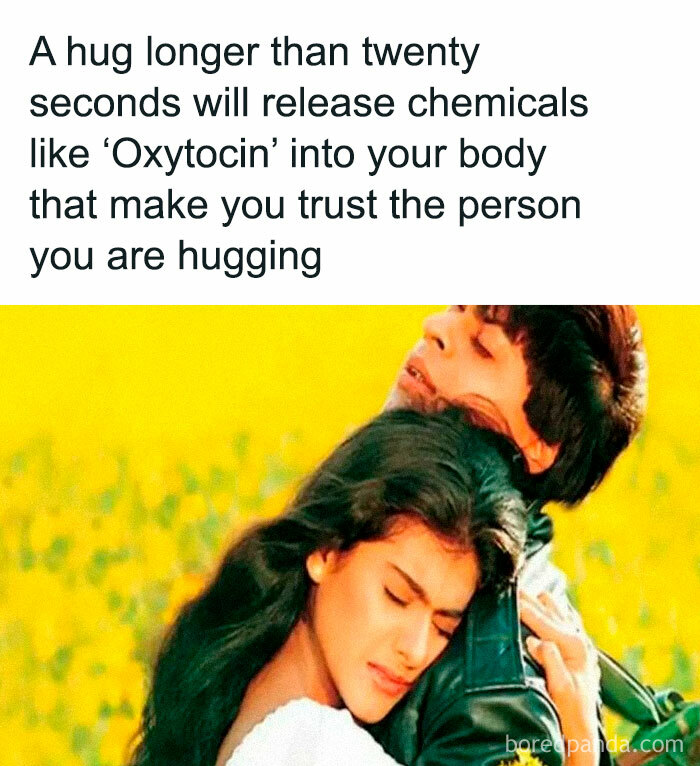 Image of a couple hugging with a fact about hugs releasing oxytocin, enhancing trust.