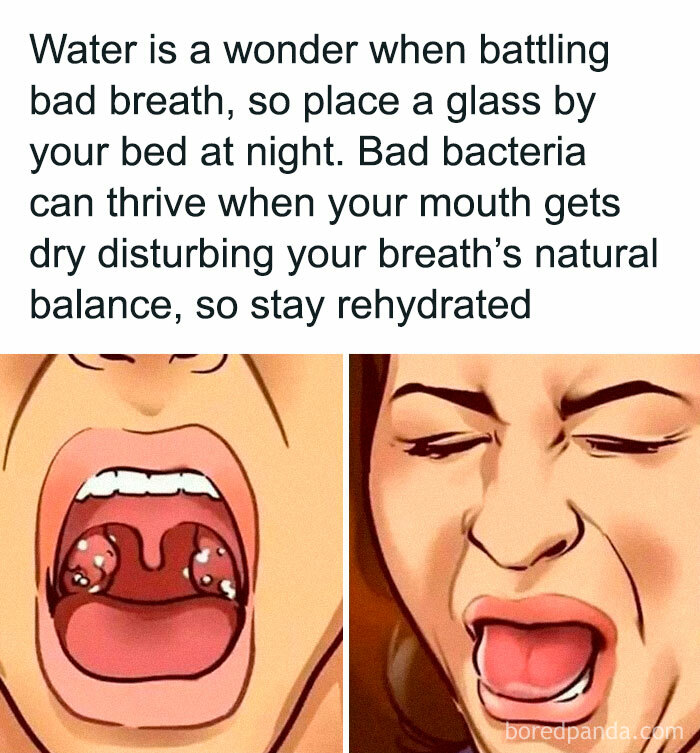 Illustration showing a person with an open mouth beside text about using water to help prevent bad breath.