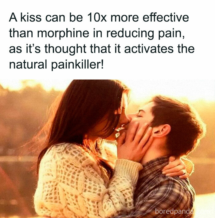 Couple kissing at sunset with text about undiscovered facts in psychology, highlighting the pain-relieving power of a kiss.