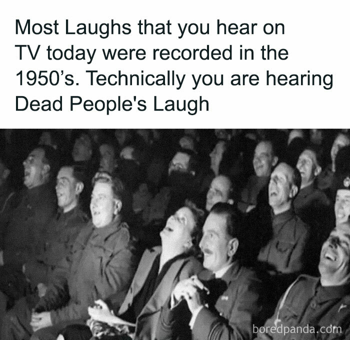 People laughing in a 1950s audience with a text overlay about undiscovered facts and recorded laughs.