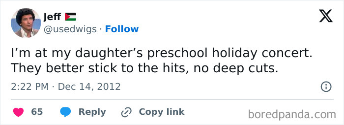 Tweet humorously captures chaos at a school holiday concert, emphasizing relatable experiences and laughter.