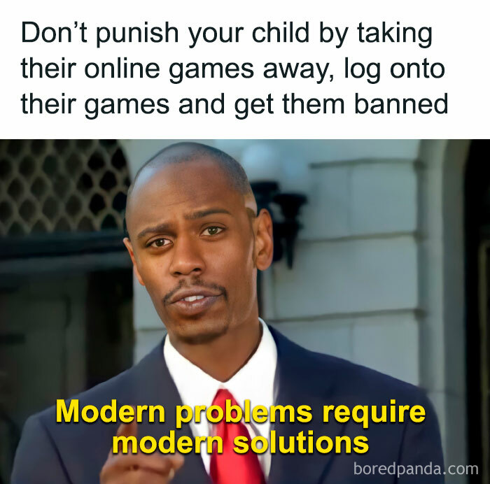 IT meme with a man in a suit suggesting modern solutions for parenting challenges in gaming.