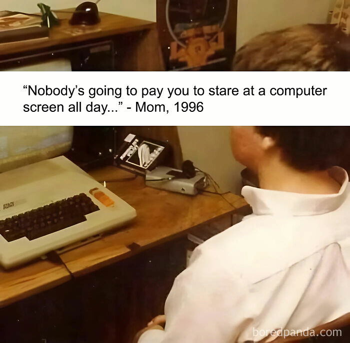 Person looking at an old computer, with humorous caption about IT jobs and technology expectations in 1996.