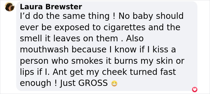 Comment about third-hand smoke risks for babies from a new mom emphasizing the dangers of cigarette exposure.