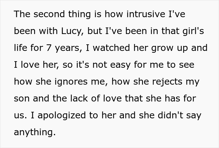 Text about a woman reflecting on her relationship with her stepdaughter, expressing love and feelings of being ignored.