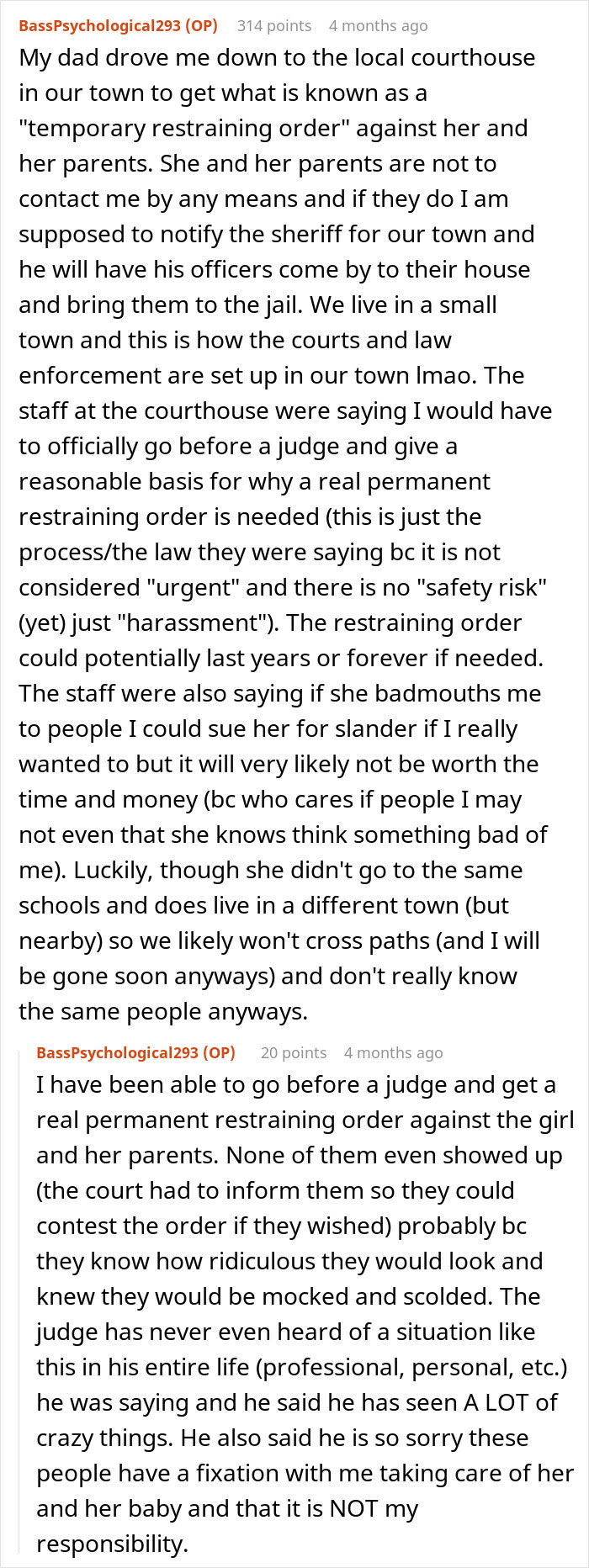 Text discusses teen obtaining restraining order against a girl and her parents, emphasizing no responsibility for the baby.