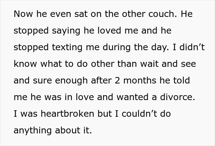 Text revealing ex-husband's regret after ex-wife's comment in 17-year marriage ending.