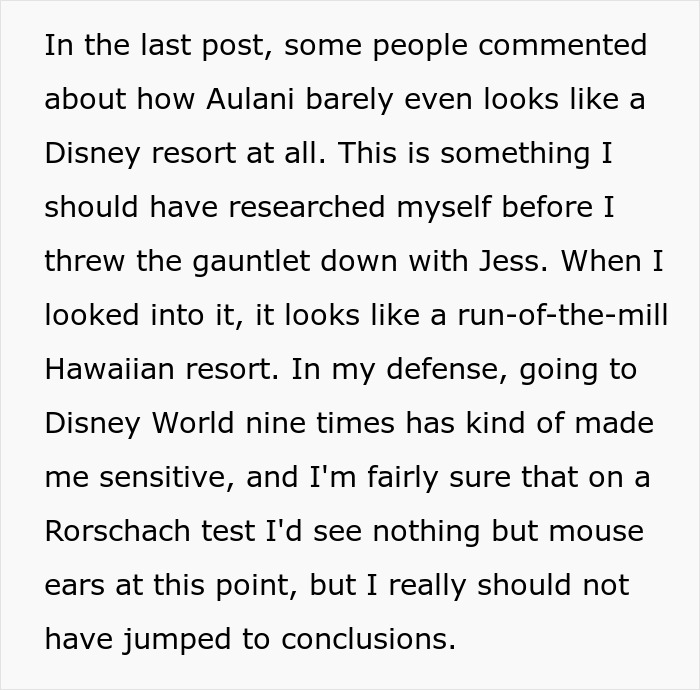 Text discussing differences between Disney World and a Hawaiian resort after multiple visits.