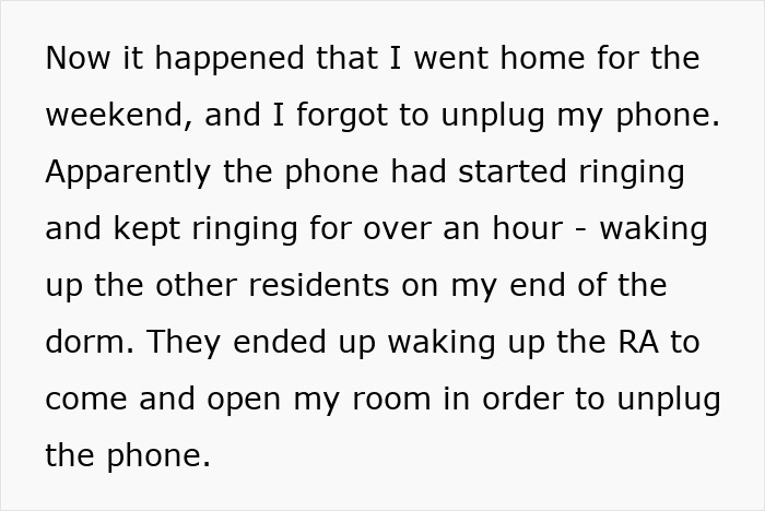 Text conversation about a woman's weekend incident and a ringing phone in her dorm room.