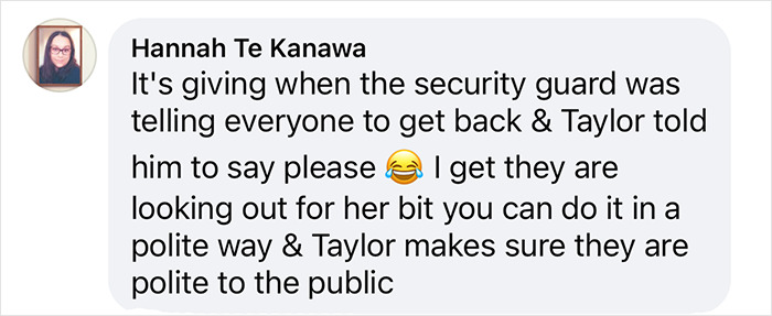 Text message discussing Taylor Swift\'s interaction with a security guard.