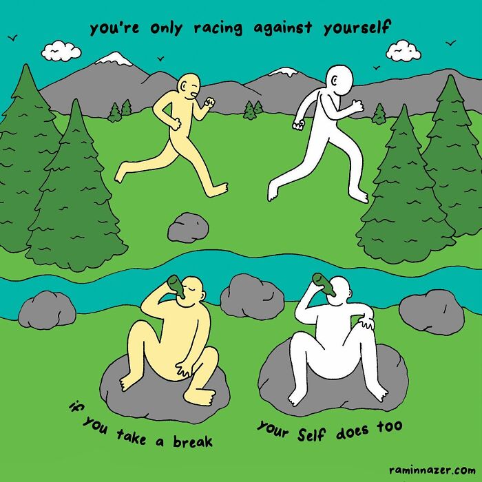 Vibrant illustration by Ramin Nazer showing figures running and resting with the quote "you're only racing against yourself."