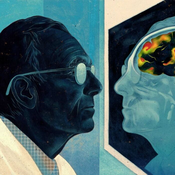 Elderly man with glasses looks at his reflection, revealing a colorful brain. Illustration by Owen Gent, blending beauty and melancholy.