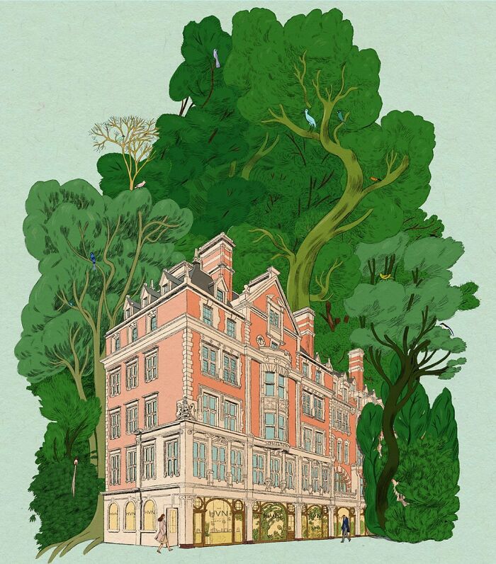 Whimsical and surreal illustration of a pink building with lush green trees in the background.