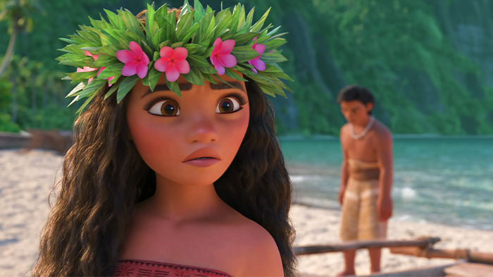 Animated girl on a beach wearing a floral crown, exemplifying a strong female protagonist.