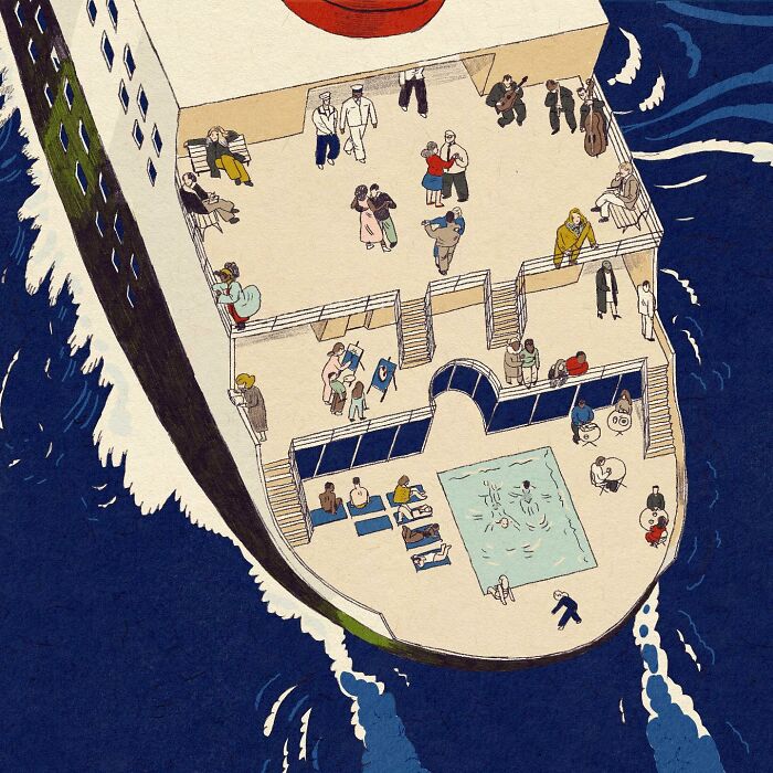 Whimsical surrealist illustration of people on a ship's deck, engaging in various activities around a pool.