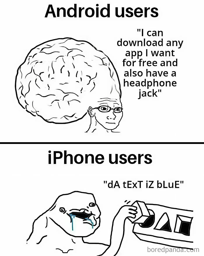 IT meme comparing Android and iPhone users humorously, highlighting app freedom and headphone jack features.