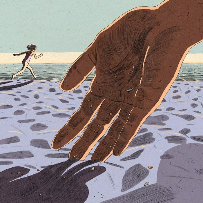 Whimsical art depicts a giant hand touching the ground as a person runs by the ocean.