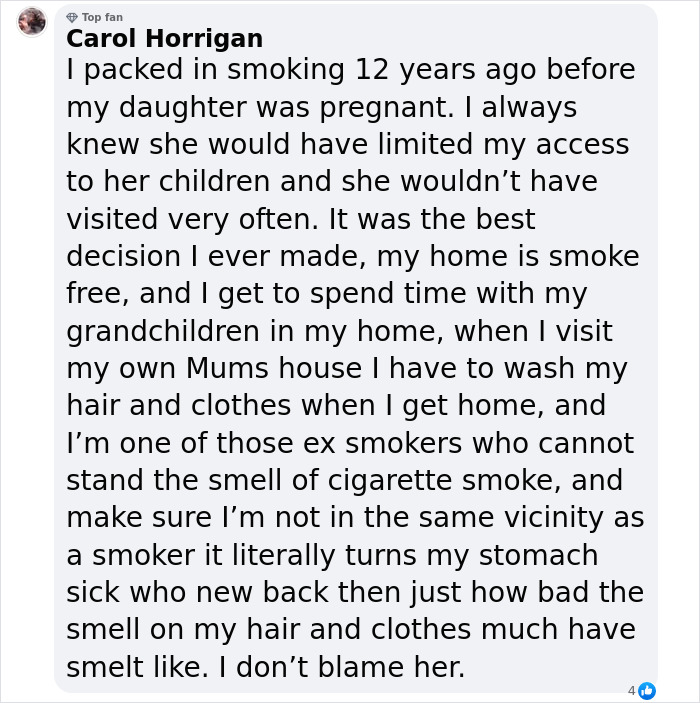 Text from Carol Horrigan about quitting smoking for her daughter's children, highlighting third-hand smoke risks.