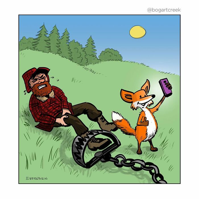 A fox taking a selfie while a lumberjack is caught in a bear trap, illustrating dark humor in one-panel comics.