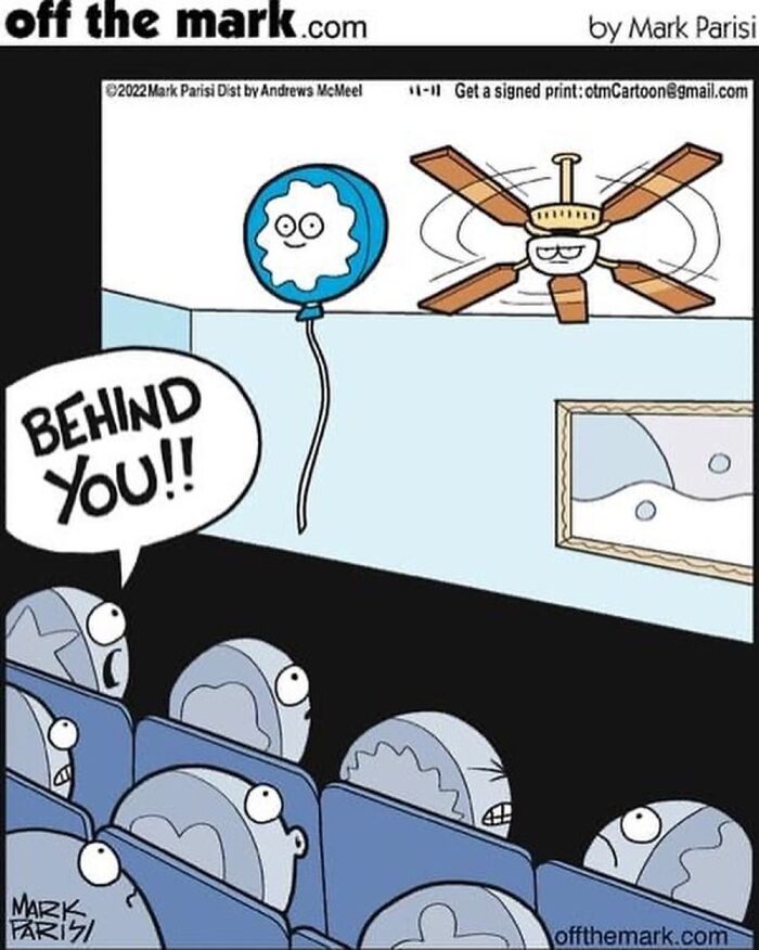 Comic showing a balloon warning a ceiling fan about danger, with surprised audience watching in horror movie setting.