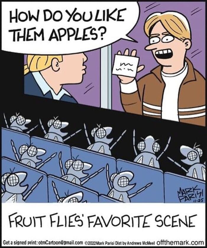 Comic of fruit flies excited in a theater, parodying a horror movie scene.