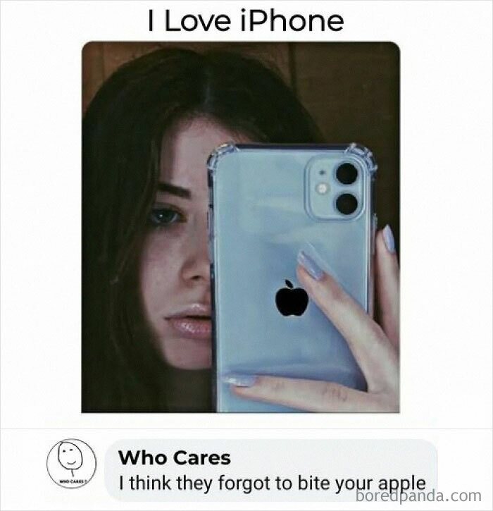 Woman taking a selfie with an iPhone, humorous meme caption about forgetting to bite the Apple logo.