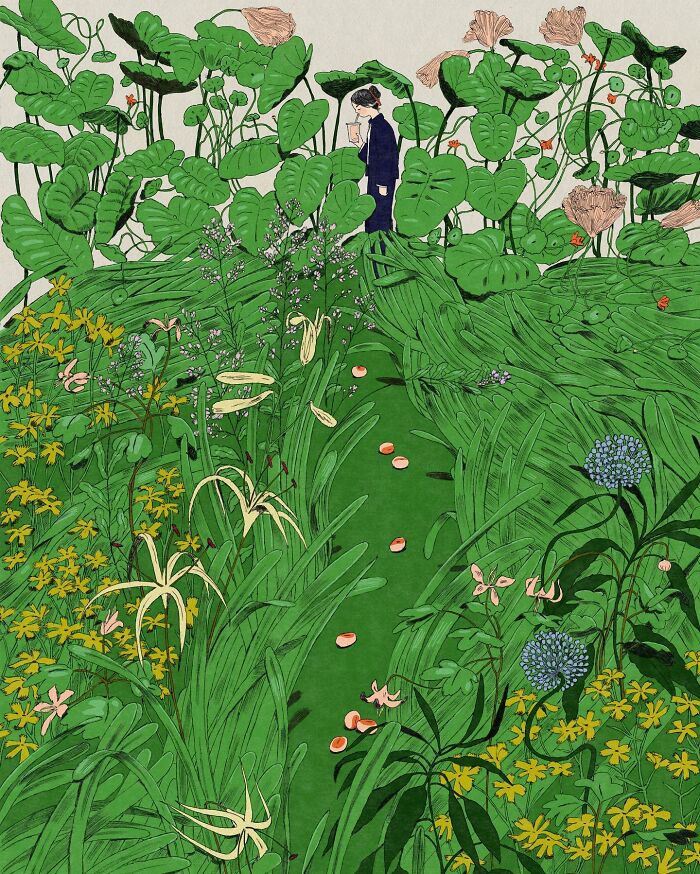 Illustration of a whimsical garden scene with lush plants and a woman in a suit sipping a drink, blending surrealism and everyday moments.