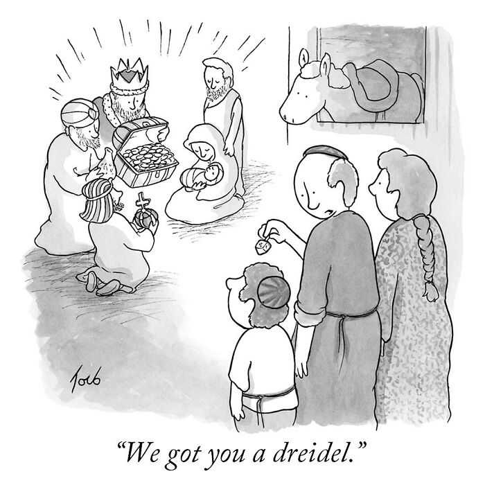 Funny one-panel comic by Tom Toro depicting a Nativity scene with a humorous dreidel gift.