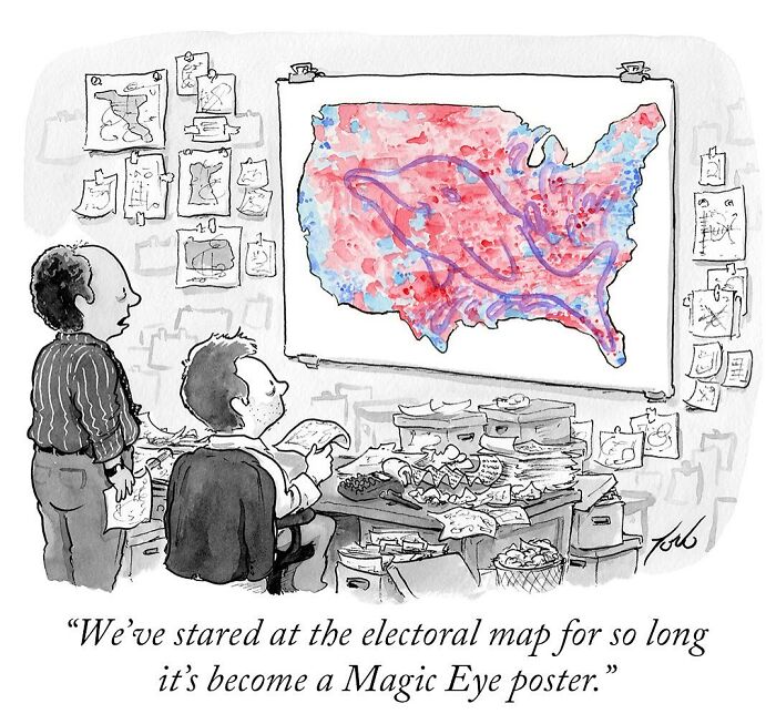 Two people analyzing an electoral map that looks like a Magic Eye poster in a funny Tom Toro one-panel comic.