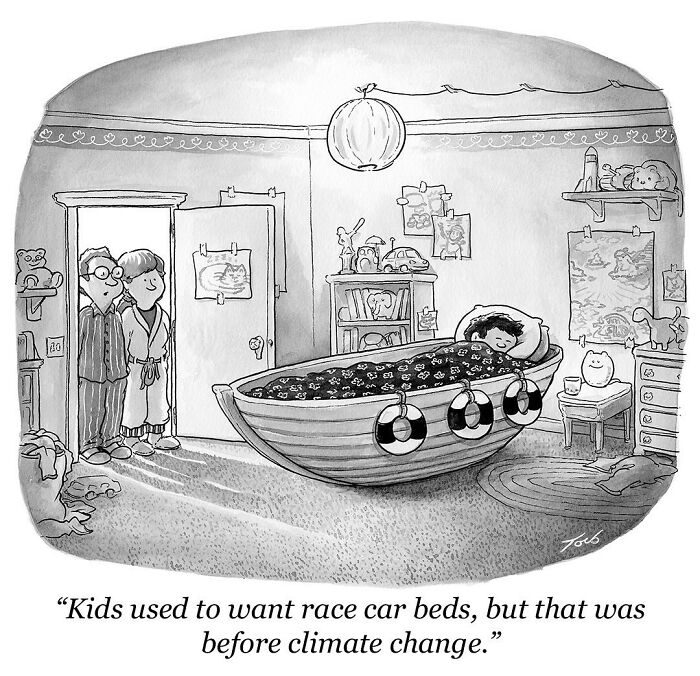 One-panel comic by Tom Toro: child sleeps in a boat-shaped bed, parents watch from doorway, humor on climate change.