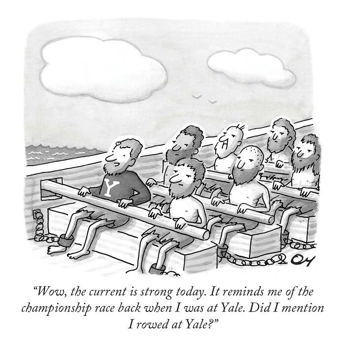 Rowers in a boat, one wearing a "Y" shirt, jokes about his Yale rowing days. Comic by Tom Toro.