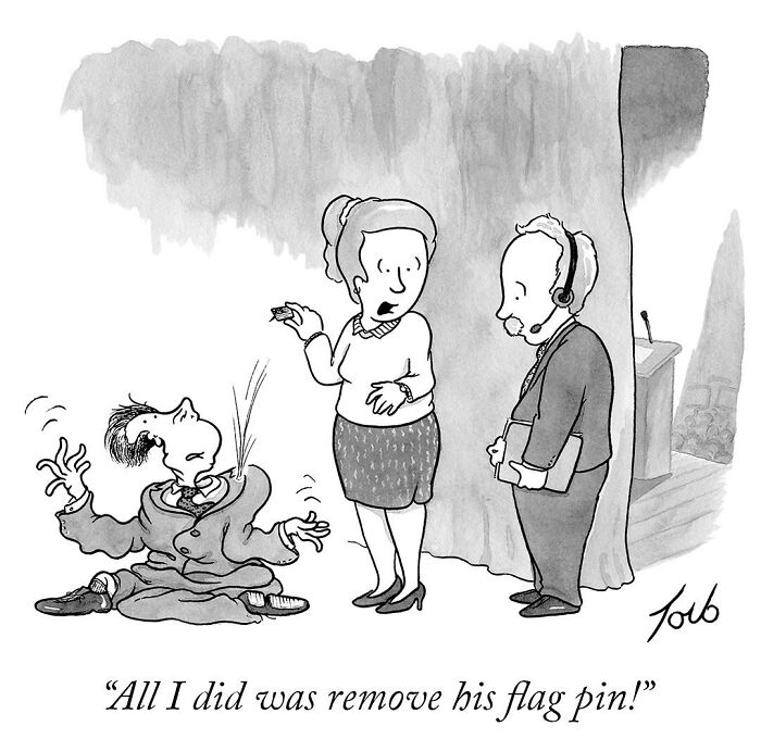 Comic by Tom Toro: Woman stands near a man on the floor, saying, "All I did was remove his flag pin!"