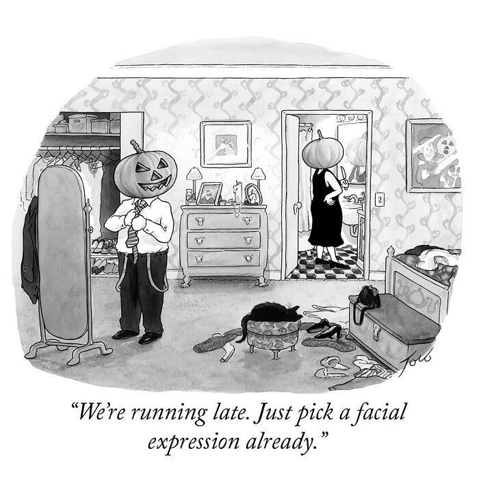 Pumpkin-headed couple in a humorous one-panel comic by Tom Toro, choosing facial expressions before going out.