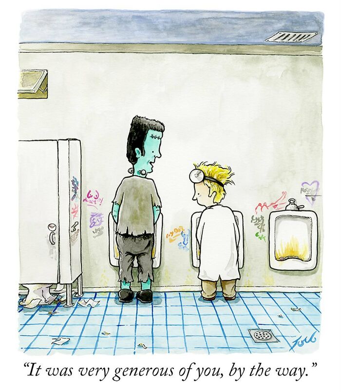 Comic by Tom Toro: Frankenstein and doctor in a restroom, quirky exchange at urinals.